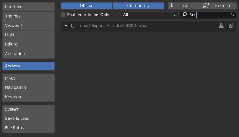 Blender search for 3ds addon