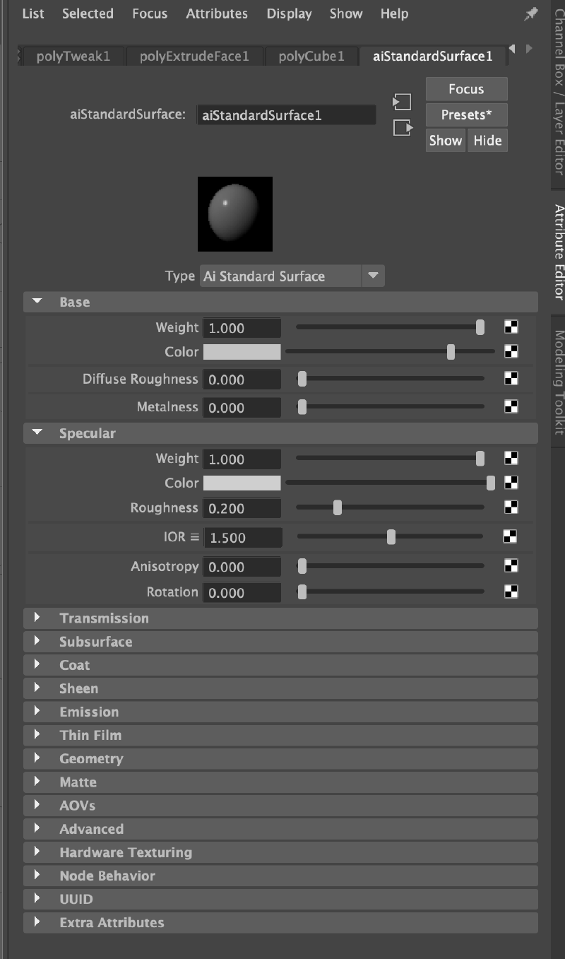 Maya aistandardsurface in Attribute Editor