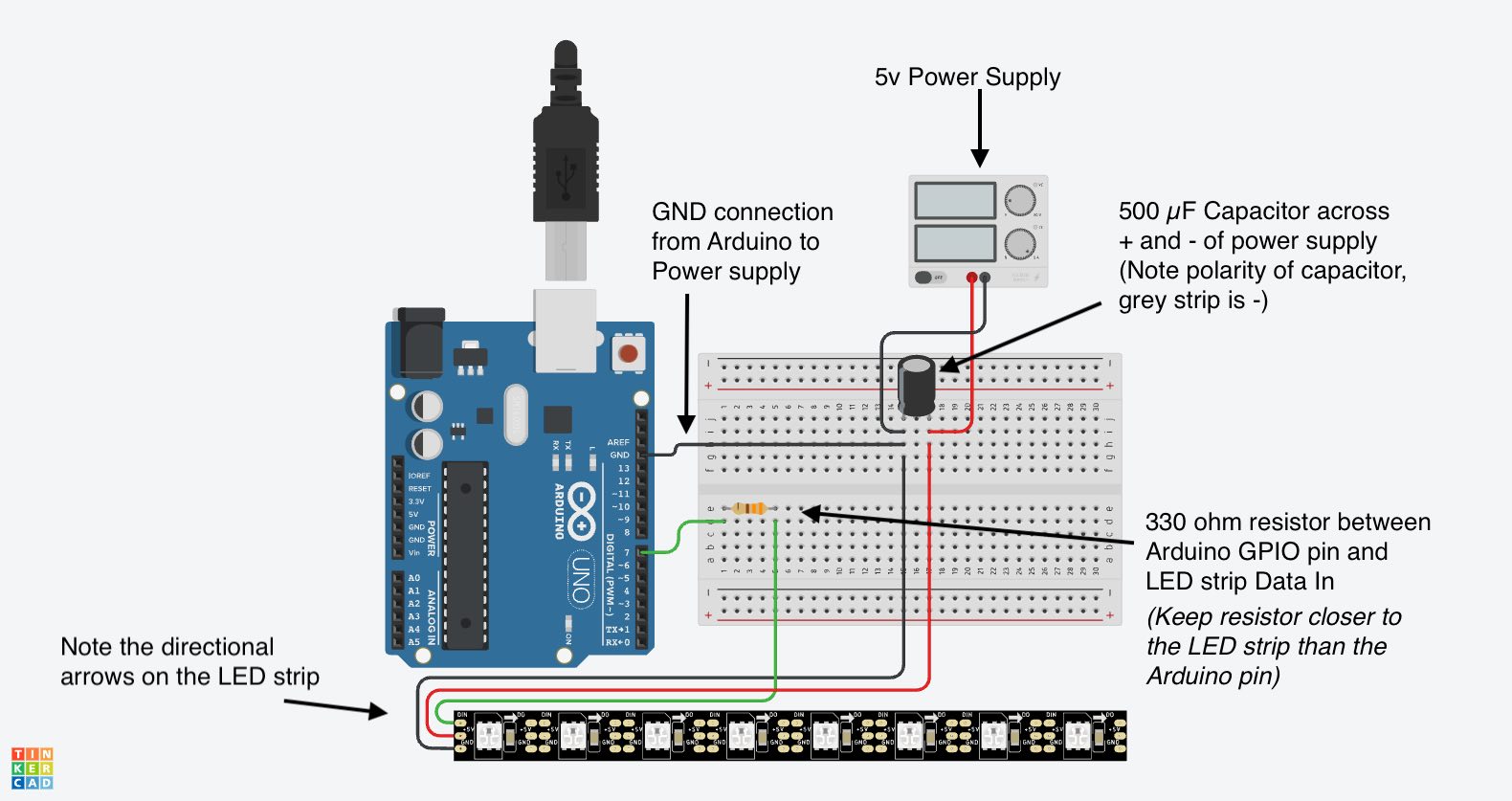 Wiring LED Strip to Arduino and Power Supply with Resistor and Capacitor