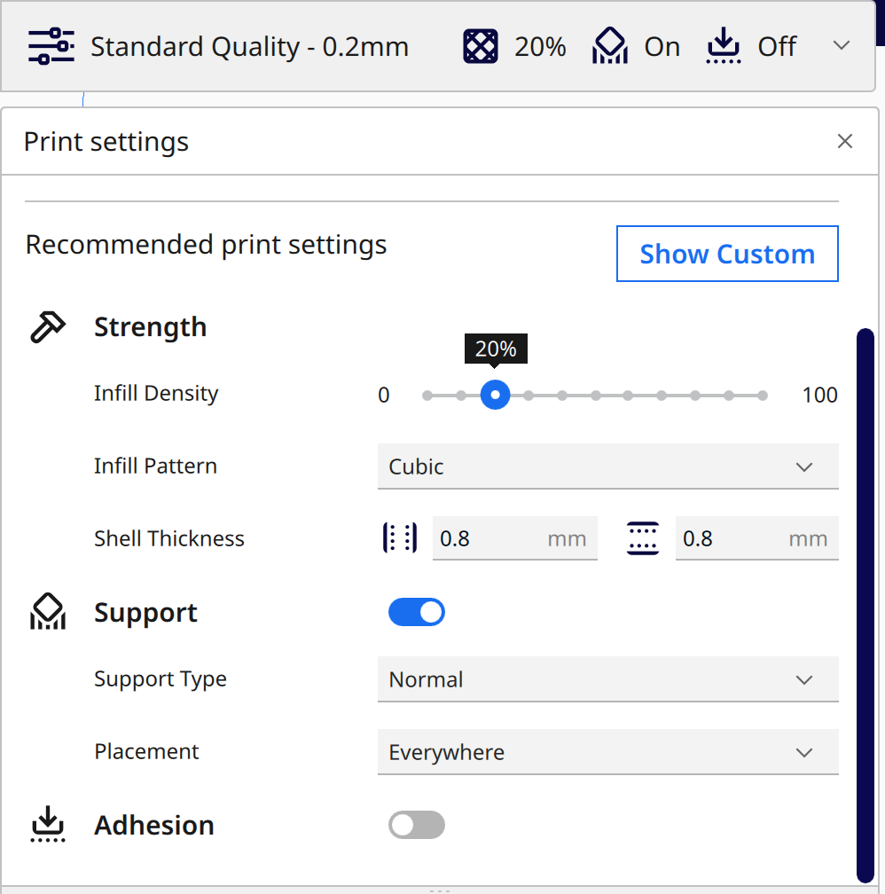 Cura standard settings with supports