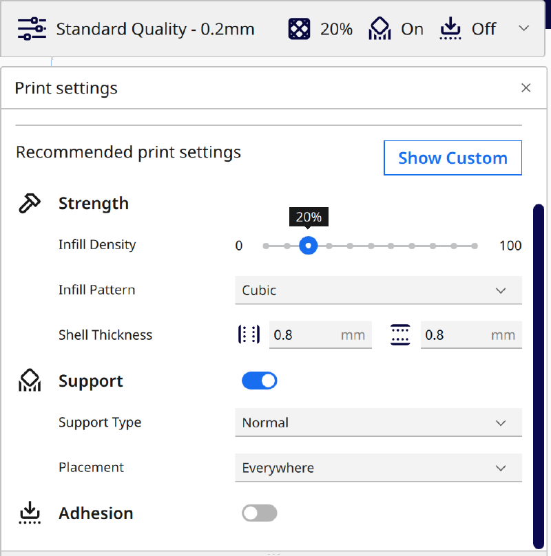 Cura standard settings with supports