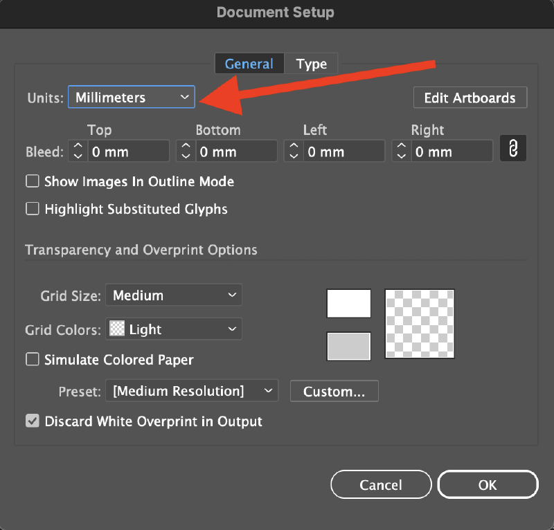 Illustrator Document Settings Units to millimeters