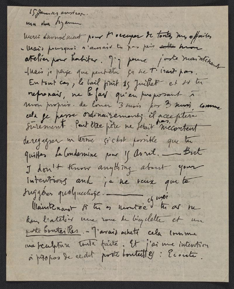 Marcel Duchamp letter to Suzanne Duchamp page 1